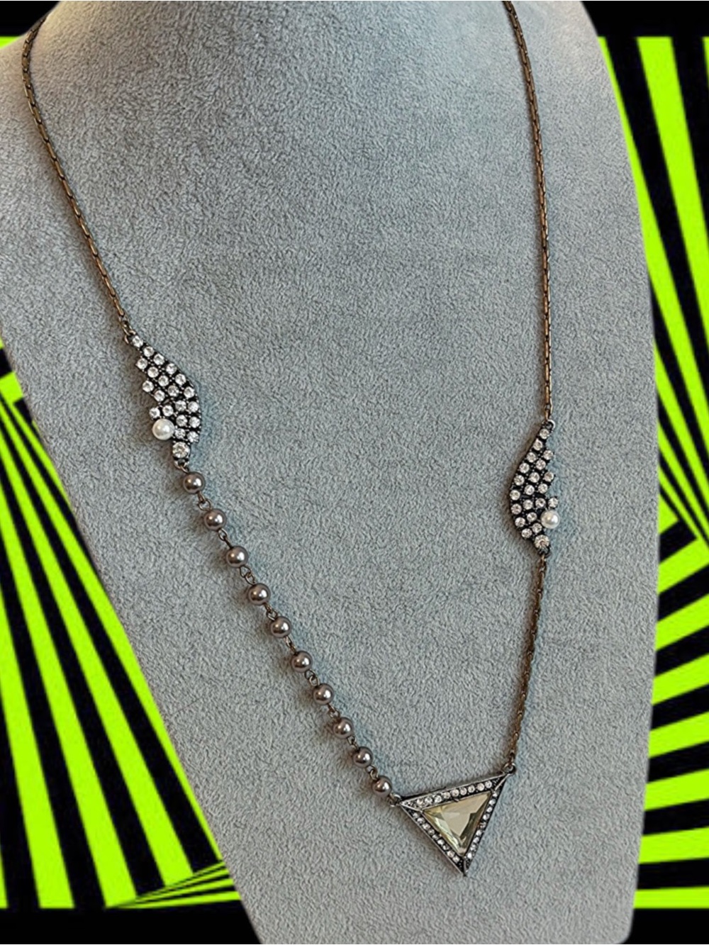 Abstract Mismatched Silver-Tone Crystal Accent Triangle Pendant Necklace
